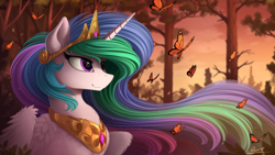 Size: 2500x1407 | Tagged: safe, artist:yakovlev-vad, princess celestia, alicorn, butterfly, pony, bedroom eyes, bust, chest fluff, cute, cutelestia, detailed, ear fluff, female, fluffy, forest, jewelry, lidded eyes, mare, modified accessory, nature, necklace, scenery, smiling, solo, spread wings, wing fluff