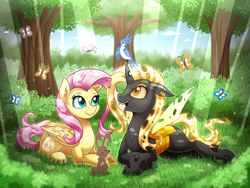 Size: 1500x1125 | Tagged: safe, artist:vavacung, part of a series, part of a set, fluttershy, bird, butterfly, changeling, pegasus, pony, changeling counterpart series, changelingified, forest, prone, species swap, yellow changeling