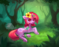 Size: 3600x2887 | Tagged: safe, artist:share dast, oc, oc only, oc:dawnfire, lizard, pony, unicorn, chest fluff, commission, ear fluff, female, flower, flower in hair, forest, grass, looking at you, mare, prone, scenery, smiling, solo, tree