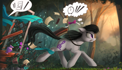 Size: 2485x1435 | Tagged: safe, artist:yakovlev-vad, octavia melody, earth pony, pony, calendar, clock, comb, exclamation point, female, floppy ears, fluffy, late, mare, paper, running, saddle bag, solo, thought bubble