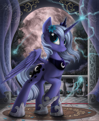 Size: 1600x1959 | Tagged: safe, artist:yakovlev-vad, princess luna, alicorn, pony, female, glowing horn, hoof shoes, jewelry, lightning, looking at you, magic, mare, moon, regalia, s1 luna, solo