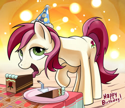 Size: 1000x865 | Tagged: safe, artist:gsphere, roseluck, birthday, cake, food, hat, open mouth, party hat, solo, tongue out