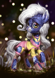 Size: 850x1200 | Tagged: safe, artist:assasinmonkey, oc, oc only, earth pony, pony, clothes, female, first contact war, grass, looking at something, mare, solo, white hair