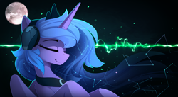 Size: 2150x1175 | Tagged: safe, artist:yakovlev-vad, princess luna, alicorn, pony, constellation, eyes closed, female, headphones, listening, mare, moon, smiling, solo, wallpaper