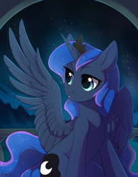 Size: 2340x3000 | Tagged: safe, artist:fensu-san, princess luna, alicorn, pony, balcony, missing accessory, mountain, night, sitting, solo, spread wings, stars, wings