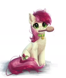 Size: 1708x2001 | Tagged: safe, artist:graypillow, roseluck, earth pony, pony, chest fluff, collar, cute, cuteluck, ear fluff, ears, female, fluffy, hairbrush, mare, messy mane, messy tail, mouth hold, pet tag, pony pet, rosepet, simple background, white background