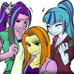 Size: 1000x1000 | Tagged: safe, artist:raika0306, edit, adagio dazzle, aria blaze, sonata dusk, equestria girls, alternate hairstyle, colored, eyes closed, flat iron, frown, grin, photoshop, simple background, smiling, straight hair, sweat, the dazzlings