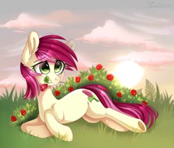 Size: 1024x872 | Tagged: safe, artist:ten-dril, roseluck, flower, flower in mouth, mouth hold, prone, rose, solo, sunset