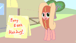 Size: 960x540 | Tagged: safe, artist:fimflamfilosophy, oc, oc only, pony, mentally advanced series, animated, bouncing, clothes, costume, cute, dancing, female, food, food costume, gif, happy, headbob, hot dog, implied ponies eating meat, looking at you, mare, meat, ocbetes, open mouth, raised hoof, sausage, smiling, solo, stomping, trotting, trotting in place
