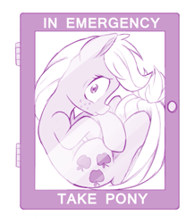 Size: 781x900 | Tagged: safe, artist:dstears, applejack, earth pony, pony, bronybait, case, emergency glass, emergency pony, female, looking at you, mare, missing accessory, monochrome, scared, solo, trapped, wide eyes