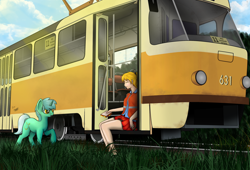 Size: 2940x2000 | Tagged: safe, artist:sharimapic, artist:subway777, lyra heartstrings, oc, oc:tatra, human, clothes, cute, ekaterinburg, grass, humanized, legs, lens flare, miniskirt, mountain dew, pleated skirt, ponytail, sandvich, shirt, skirt, surprised, tatra t3, train, tram