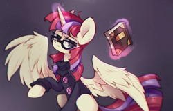 Size: 1280x822 | Tagged: safe, artist:mirtash, moondancer, alicorn, pony, alicornified, book, chromatic aberration, clothes, glasses, glowing horn, looking at you, magic, moondancercorn, race swap, rcf community, simple background, solo, sweater, unamused