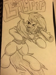 Size: 2448x3264 | Tagged: safe, artist:zemer, oc, oc only, oc:littlepip, pony, unicorn, fallout equestria, action pose, black and white, clothes, fanfic, fanfic art, female, floppy ears, glowing horn, grayscale, gun, handgun, hooves, horn, levitation, little macintosh, looking at you, magic, mare, monochrome, name, open mouth, optical sight, pipbuck, revolver, scope, screaming, simple background, solo, telekinesis, traditional art, vault suit, weapon, white background