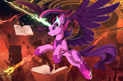 Size: 2500x1636 | Tagged: safe, artist:yakovlev-vad, midnight sparkle, sci-twi, twilight sparkle, twilight sparkle (alicorn), alicorn, pony, equestria girls, art, badass, book, cross, equestria girls ponified, evil twilight, glowing eyes, grin, magic, ponified, smiling, solo, spread wings, telekinesis, twilight is anakin, tyrant, tyrant sparkle, wings