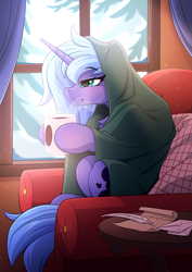 Size: 2833x4000 | Tagged: safe, artist:redchetgreen, artist:yakovlev-vad, princess luna, alicorn, pony, collaboration, blanket, chair, cozy, cute, female, hot chocolate, mare, profile, relatable, relaxing, s1 luna, sitting, smiling, snow, snowfall, solo, thousand yard stare, tucking in, winter