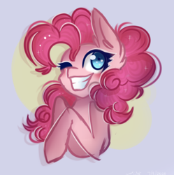 Size: 936x938 | Tagged: safe, artist:justkattyo, pinkie pie, earth pony, pony, female, grin, mare, one eye closed, smiling, solo