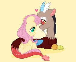 Size: 2048x1672 | Tagged: safe, artist:kittyrosie, discord, fluttershy, draconequus, pegasus, pony, blushing, cute, discoshy, female, heart, male, mare, no pupils, profile, prone, shipping, simple background, sitting, straight, yellow background