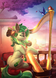 Size: 1920x2659 | Tagged: safe, artist:vest, artist:yakovlev-vad, oc, oc only, oc:rhythm fruit, bird, pony, unicorn, collaboration, beautiful, braid, chair, eyes closed, female, harp, high res, mare, music, musical instrument, playing, sitting, solo