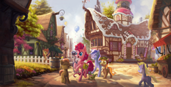 Size: 5600x2854 | Tagged: safe, artist:devinian, bon bon, button mash, carrot top, derpy hooves, dinky hooves, golden harvest, gummy, lyra heartstrings, minuette, pinkie pie, sweetie drops, tag-a-long, earth pony, pony, unicorn, absurd resolution, background pony, balloon, building, cart, confetti, cute, eyes closed, fence, flower shop, fruit, happy, hat, open mouth, ponyville, raised hoof, raised leg, rearing, scenery, scenery porn, smiling, sugarcube corner, walking, waving