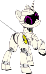 Size: 3000x4815 | Tagged: safe, artist:up1ter, dj pon-3, vinyl scratch, cyborg, pony, robot, robot pony, unicorn, absurd resolution, female, hooves, horn, looking back, mare, plot, raised hoof, roboticization, simple background, solo, transparent background, vector, vinylbot 1.0