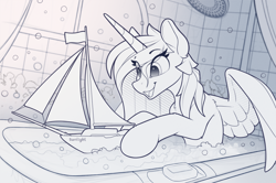 Size: 2100x1397 | Tagged: safe, artist:yakovlev-vad, princess celestia, alicorn, pony, bath toy, bathroom, bathtub, black and white, boat, bubble, eye clipping through hair, grayscale, monochrome, playing, solo, toy, wet mane