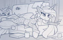 Size: 2100x1357 | Tagged: safe, artist:yakovlev-vad, princess celestia, princess luna, alicorn, pony, spider, clothes, duo, female, magic, mare, monochrome, pajamas, prank, prone, remote control, royal sisters, siblings, sisters, sketch, sofa, soon, telekinesis, this will end in a trip to the moon, this will end in tears and/or a journey to the moon, this will not end well
