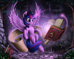 Size: 2000x1600 | Tagged: safe, artist:yakovlev-vad, twilight sparkle, twilight sparkle (alicorn), alicorn, pony, art, bag, book, female, flower, flying, gem, human shoulders, magic, magic circle, mare, necklace, pentagram, reading, scroll, smiling, solo, spread wings, sword, tree, weapon