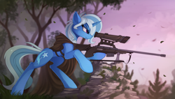 Size: 1900x1077 | Tagged: safe, artist:yakovlev-vad, trixie, pony, unicorn, butt fluff, cape, clothes, cutie mark, ear fluff, female, fluffy, gun, hooves, horn, leg fluff, mare, optical sight, rifle, scenery, sniper rifle, solo, tree, weapon