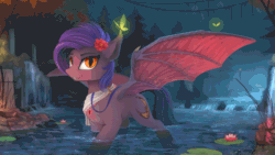 Size: 960x540 | Tagged: safe, artist:imiokun, artist:yakovlev-vad, oc, oc only, bat pony, butterfly, pony, collaboration, animated, blinking, cinemagraph, flower, flower in hair, gif, scenery, scenery porn, solo, spread wings, water