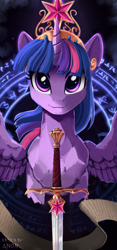 Size: 1200x2570 | Tagged: safe, artist:yakovlev-vad, edit, twilight sparkle, twilight sparkle (alicorn), alicorn, pony, big crown thingy, element of magic, female, jewelry, mare, regalia, scroll, solo, sword, weapon