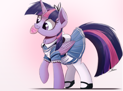 Size: 2000x1484 | Tagged: safe, artist:ncmares, twilight sparkle, twilight sparkle (alicorn), alicorn, pony, alice in wonderland, chest fluff, clothes, cute, dress, female, fluffy, gradient background, mare, mouth hold, nom, raised hoof, raised leg, signature, smiling, solo, twiabetes, what could possibly go wrong