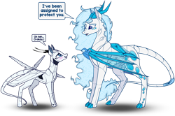 Size: 1024x680 | Tagged: safe, artist:cayfie, oc, oc only, oc:crystal vision, oc:xn, original species, pony, robot, robot pony, blushing, dialogue, lidded eyes, looking at each other, ponymorph, simple background, smiling, transparent background