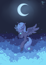 Size: 1748x2480 | Tagged: safe, artist:ogre, princess luna, alicorn, pony, cloud, colored, crescent moon, cute, eyes closed, flower, flying, lineless, lunabetes, monochrome, moon, pixiv, s1 luna, solo, spread wings, vector, wings