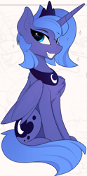 Size: 521x1048 | Tagged: safe, artist:yakovlev-vad, edit, princess luna, alicorn, pony, chest fluff, cropped, cute, female, lunabetes, s1 luna, simple background, sketch, smiling, solo