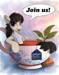 Size: 1910x2400 | Tagged: safe, artist:yakovlev-vad, octavia melody, earth pony, pony, background pony, chest fluff, cup, cup of pony, cute, department of redundancy department, female, food, herbs, looking at you, mare, micro, solo, speech bubble, tea, teabag, teacup, towel