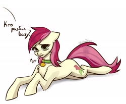 Size: 2500x2064 | Tagged: safe, artist:chibadeer, roseluck, behaving like a cat, collar, cute, fluffy, lying down, pet tag, pony pet, russian, translated in the description