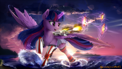 Size: 1920x1080 | Tagged: safe, artist:discordthege, twilight sparkle, twilight sparkle (alicorn), alicorn, pony, anime, battleship, battleship ponies, clothes, crossover, giant pony, glowing horn, gun, hotel class battleship, kantai collection, macro, magic, ocean, open clothes, patreon, patreon logo, shipmare, skirt, smiling, socks, solo, spread wings, striped socks, sunset, thigh highs, water, weapon, yamato