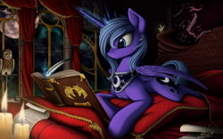 Size: 2500x1563 | Tagged: safe, artist:yakovlev-vad, princess luna, alicorn, firefly (insect), owl, pony, journal of the two sisters, art, bed, book, candle, female, fire, magic, mare, moon, pillow, prone, quill, s1 luna, smiling, solo, telekinesis, window, writing