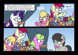 Size: 2456x1740 | Tagged: safe, artist:bobthedalek, daisy, flower wishes, lily, lily valley, octavia melody, rarity, roseluck, earth pony, pony, unicorn, it isn't the mane thing about you, comic, dialogue, female, flower, flower trio, lidded eyes, mare, octavia is not amused, smiling, unamused