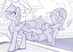 Size: 2360x1670 | Tagged: safe, artist:yakovlev-vad, fluttershy, rainbow dash, pegasus, pony, butt, clenched teeth, female, food, frog (hoof), ice cream, ice cream cone, innocent, looking up, mare, monochrome, oops, plot, prank, pure unfiltered evil, pushing, rainbow douche, raised leg, sketch, swimming pool, this will end in tears, underhoof