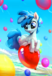Size: 1901x2749 | Tagged: safe, artist:imalou, party favor, pony, balloon, cute, favorbetes, scenery, solo