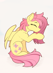 Size: 895x1235 | Tagged: safe, artist:yakovlev-vad, fluttershy, pegasus, pony, behaving like a cat, chest fluff, cute, eyes closed, female, grooming, licking, mare, profile, shyabetes, simple background, smiling, solo, tongue out