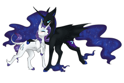 Size: 1500x1000 | Tagged: safe, artist:fancycookiejar, nightmare moon, rarity, alicorn, bat pony, bat pony alicorn, classical unicorn, pony, unicorn, bat wings, blushing, cloven hooves, colored hooves, cute, duo, ethereal fetlocks, ethereal mane, female, hybrid wings, leonine tail, lesbian, mare, missing accessory, moonabetes, nicemare moon, nightrarity, nuzzling, raised hoof, raribetes, realistic horse legs, shipping, simple background, starry mane, transparent background, unshorn fetlocks, wings