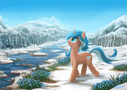 Size: 3508x2480 | Tagged: safe, artist:seer45, oc, oc only, oc:myosotis, pony, unicorn, art trade, female, fir tree, flower, forget-me-not, looking up, mare, mountain, river, scenery, scenery porn, snow, solo, spring