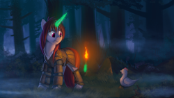 Size: 3000x1688 | Tagged: safe, artist:rublegun, oc, oc only, chicken, pony, armor, commission, duo, forest, glowing horn, grass, looking back, magic, male, medic, night, scenery, signature, stallion, torch, tree