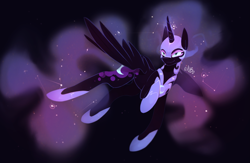 Size: 3217x2098 | Tagged: safe, artist:novabytes, nightmare moon, alicorn, pony, armor, black background, female, flying, helmet, redraw, simple background, smiling, solo