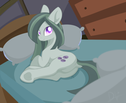 Size: 1802x1460 | Tagged: safe, artist:dusthiel, marble pie, earth pony, pony, bed, butt, colored pupils, dock, featureless crotch, frog (hoof), looking at you, looking back, looking back at you, marblebutt, pillow, plot, prone, smiling, smiling at you, solo, underhoof