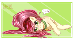 Size: 1431x774 | Tagged: safe, artist:prjanik, roseluck, behaving like a cat, collar, looking at you, lying down, meow, pet tag, pony pet, russian, translated in the description