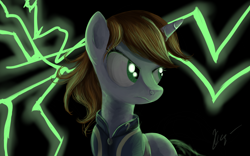 Size: 1600x1000 | Tagged: safe, artist:sakurawolfer, oc, oc only, oc:littlepip, pony, unicorn, fallout equestria, abstract background, clothes, fanfic, fanfic art, female, horn, mare, solo, vault suit