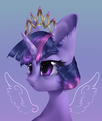 Size: 2700x3200 | Tagged: safe, artist:rinioshi, twilight sparkle, twilight sparkle (alicorn), alicorn, pony, floating wings, fuzzy ear, gradient background, new crown, solo